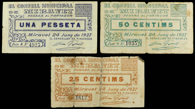 Lote 3 billetes 25, 50 Cèntims y 1 Pesseta. 24 Juny 1937. C.M. de MIRAVET. (Manc...