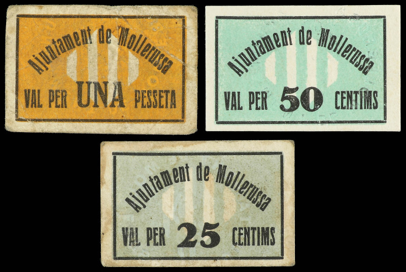 Lote 3 billetes 25, 50 Cèntims y 1 Pesseta. Aj. de MOLLERUSA. Cartulina. A EXAMI...