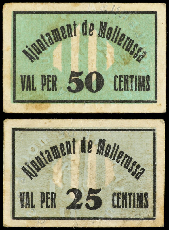 Lote 2 billetes de 25 y 50 Cèntims. Aj. de MOLLERUSSA. Cartulina. (Algo sucios)....