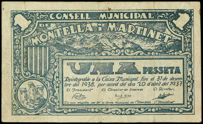 1 Pesseta. 20 Abril 1937. C.M. de MONTELLÀ I MARTINET. (Algo sucio). ESCASO. AT-...