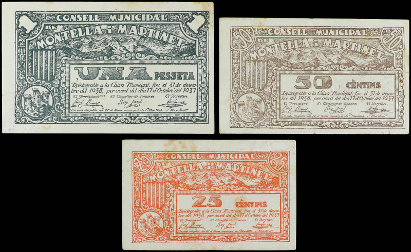 Lote 3 billetes 25, 50 Cèntims y 1 Pesseta. 17 Octubre 1937. C.M. de MONTELLÀ I ...