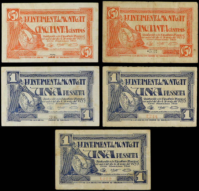 Lote 5 billetes 50 Cèntims (2) y 1 Pesseta (3). Maig 1937. Aj. de MONTGAT. AT-15...