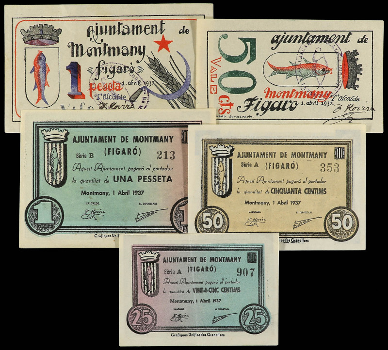 Lote 5 billetes 25 y 50 Cèntims (2) y 1 Pesseta (2). Abril 1937. Aj. de MONTMANY...