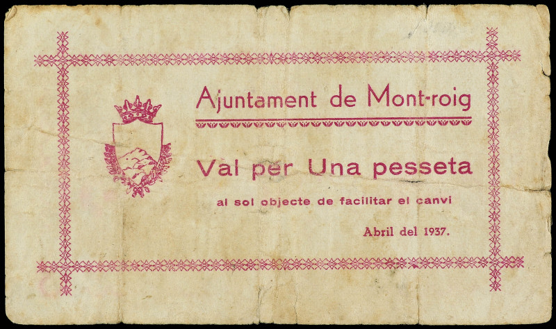 1 Pesseta. Abril 1937. Aj. de MONT-ROIG. (Leves roturas, leves manchitas). AT-15...