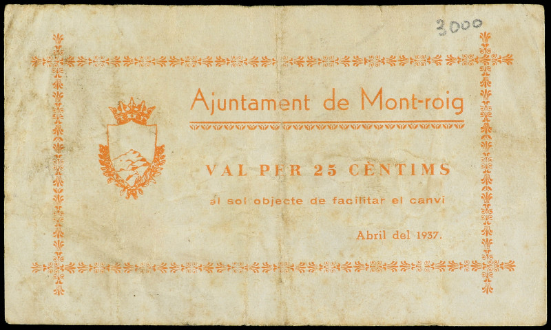 25 Cèntims. Abril 1937. Aj. de MONT-ROIG. (Leves manchitas). AT-1599. MBC.