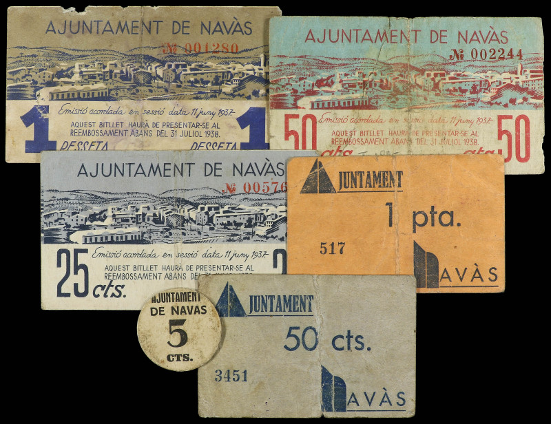 Serie 6 billetes 5, 25, 50 Cèntims (2) y 1 Pesseta (2). Aj. de NAVÀS. Serie casi...