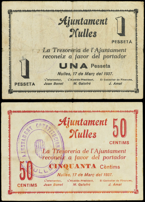 Lote 2 billetes 50 Cèntims y 1 Pesseta. 17 Març 1937. Aj. de NULLES. (Uno pequeñ...