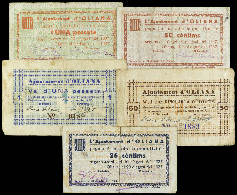 Lote 5 billetes 25, 50 Cèntims (2) y 1 Pesseta (2). Març 1937 y 20 Agost 1937. A...