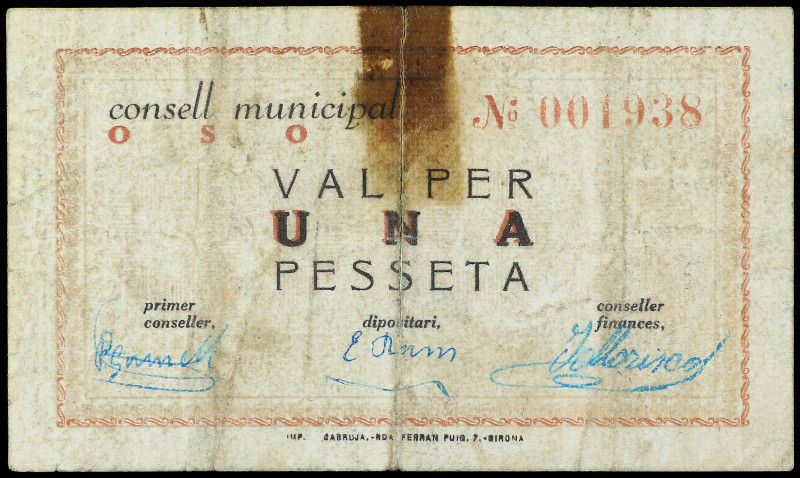 1 Pesseta. Maig 1937. C.M. d´ OSOR. Firmas a mano en tinta azul. (Roturas, manch...