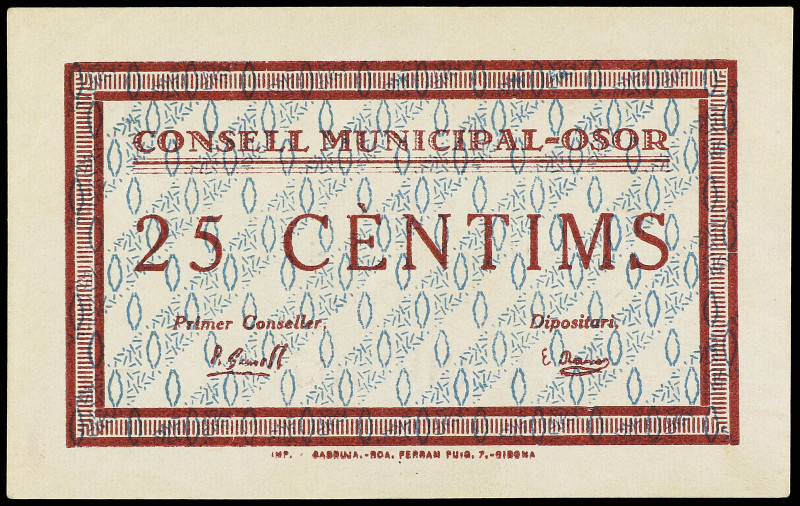 25 Cèntims. C.M. d´ OSOR. Numeración: 000607. ESCASO. AT-1733. EBC.