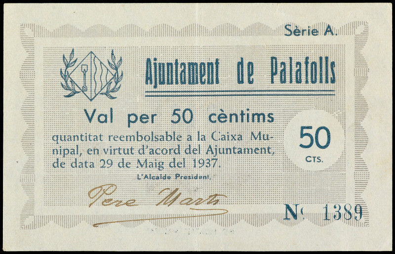 50 Cèntims. 29 Maig 1937. Aj. de PALAFOLLS. MUY ESCASO. AT-1735. EBC-.