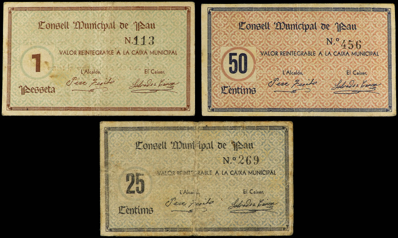 Lote 3 billetes 25, 50 Cèntims y 1 Pesseta. C.M. de PAU. (Alguno con roturas y s...