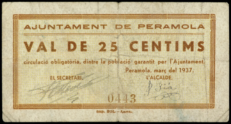 25 Cèntims. Març 1937. Aj. de PERAMOLA. (Algo sucio, leves roturas). RARO. AT-18...