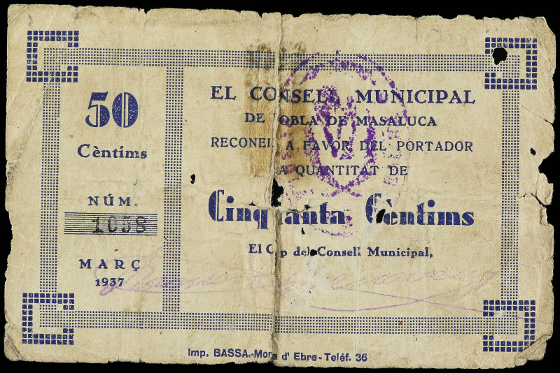 50 Cèntims. Març 1937. C.M. de POBLA DE MASALUCA. (Roturas). RARO. AT-1909. BC+....