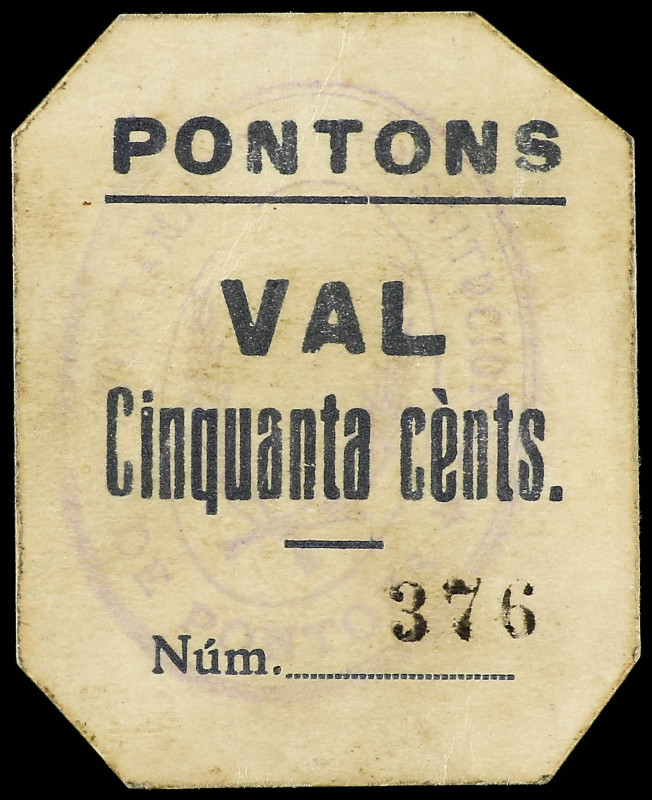 50 Cèntims. Aj. de PONTONS. Cartón. RARO. AT-1953. MBC+.