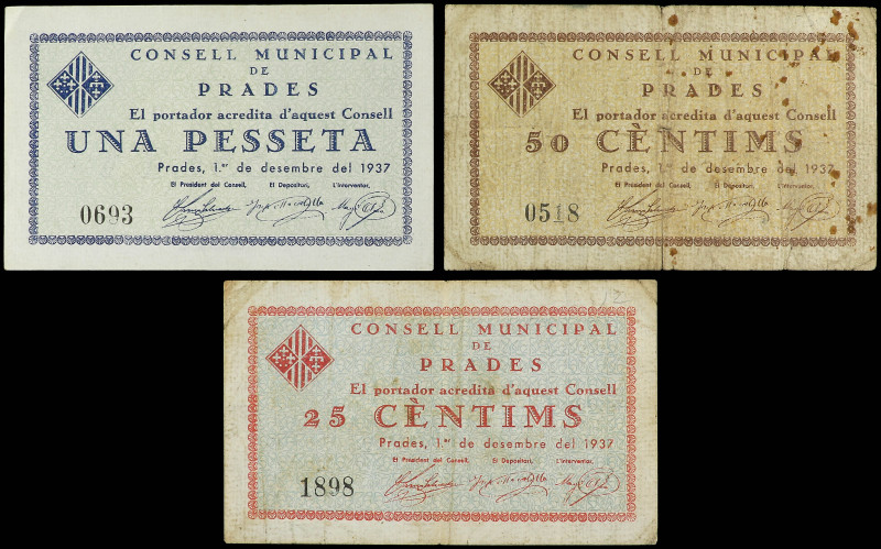 Lote 3 billetes 25, 50 Cèntims y 1 Pesseta. 1 desembre 1937. C.M. de PRADES. (50...