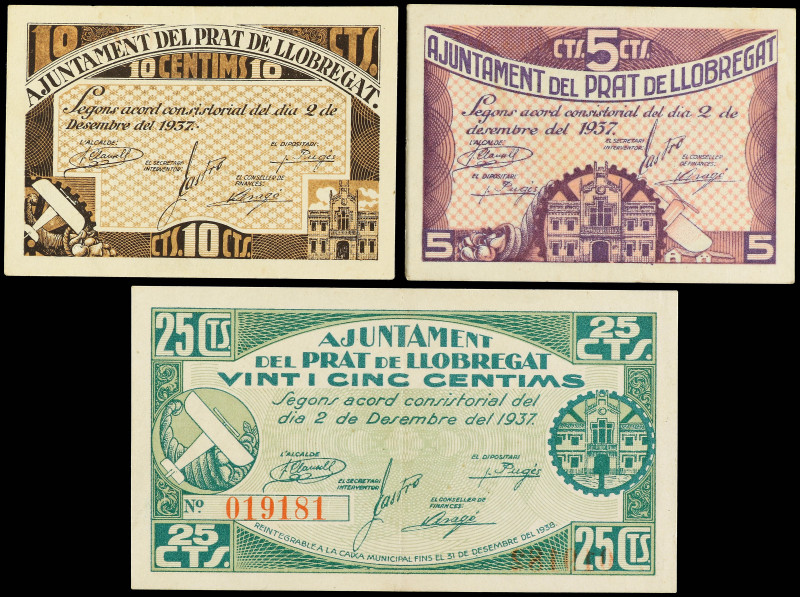 Lote de 3 billetes de 5, 10 y 25 Cèntims. 2 Desembre 1937. Aj. del PRAT DE LLOBR...