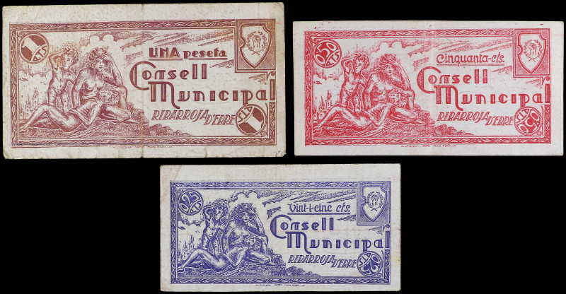 Serie 3 billetes 25, 50 Cèntims y Pesseta. C.M. de RIBA-ROJA D´ EBRE. Serie comp...