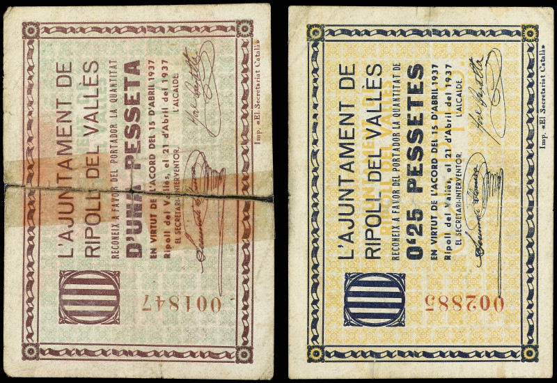 Lote de 2 billetes de 0, 25 y 1 Pesseta. 21 Abril 1937. Aj. de RIPOLL DEL VALLES...