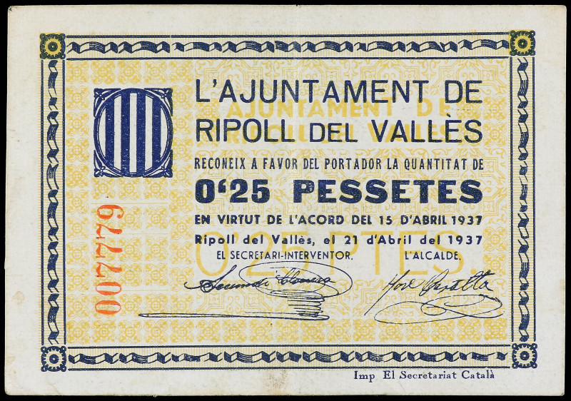 0, 25 Pessetes. 21 Abril 1937. Aj. de RIPOLL DEL VALLÈS. AT-2136. EBC-.