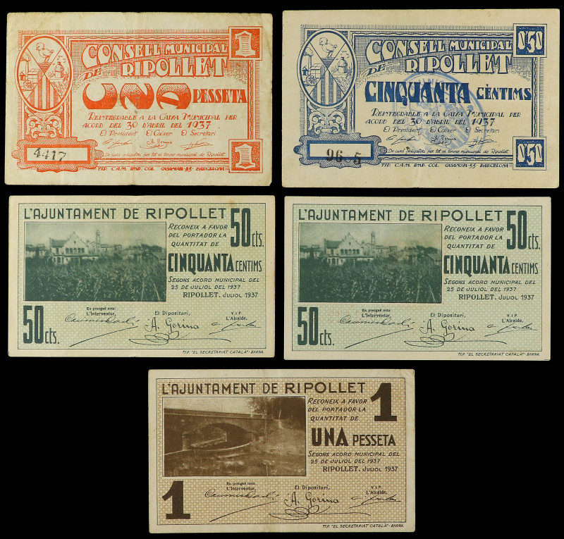 Lote 5 billetes 50 Cèntims (3), 1 Pesseta (2). Abril y Juliol 1937. Aj. de RIPOL...