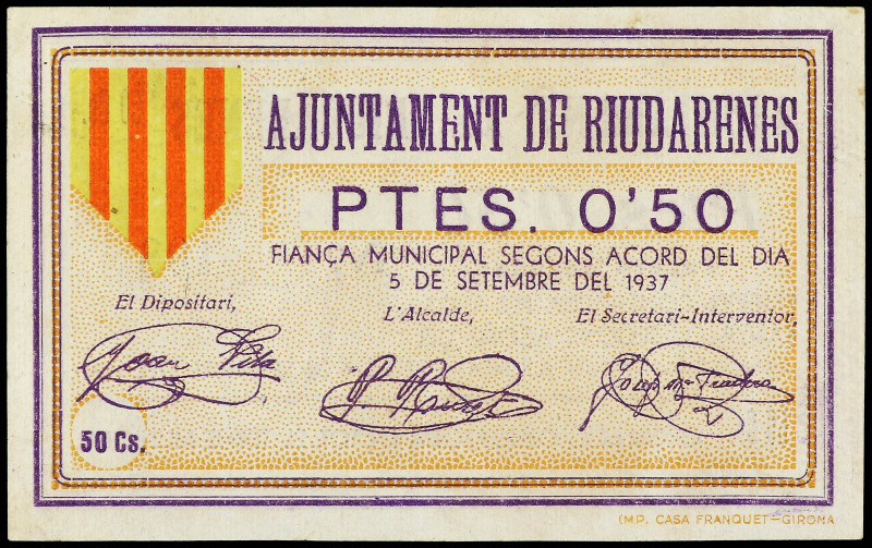 0, 50 Pessetes. 5 Setembre 1937. Aj. de RIUDARENES. MUY ESCASO. AT-2146. EBC-.