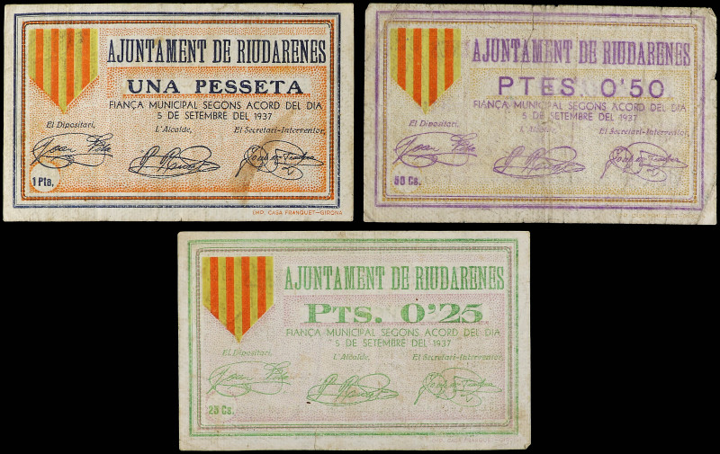 Lote 3 billetes 25, 50 Cèntims y 1 Pesseta. 5 Setembre 1937. Aj. de RIUDARENES. ...