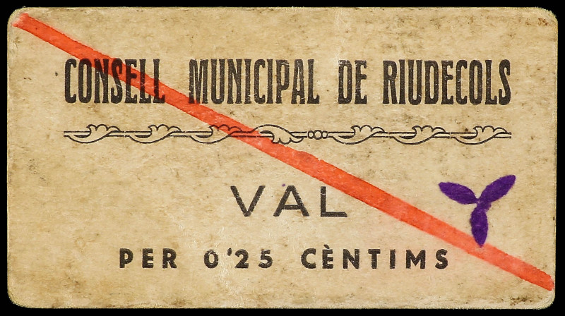 0, 25 Cèntims. C.M. de RIUDECOLS. Cartón. MUY RARO. AT-2164; RGH-9690. EBC.