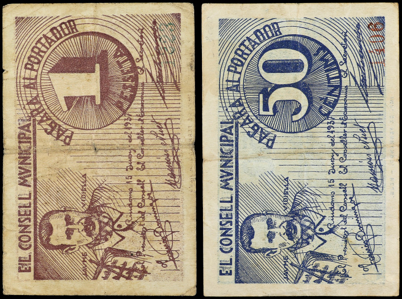 Lote 2 billetes 50 Cèntims y 1 Pesseta. 15 Juny 1937. C.M. de RIUDOMS. AT-2169, ...