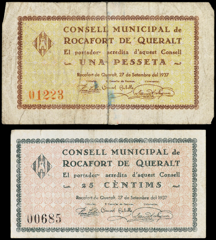 Lote 2 billetes 25 Cèntims y 1 Pesseta. C.M. de ROCAFORT DE QUERALT. (Uno rotura...