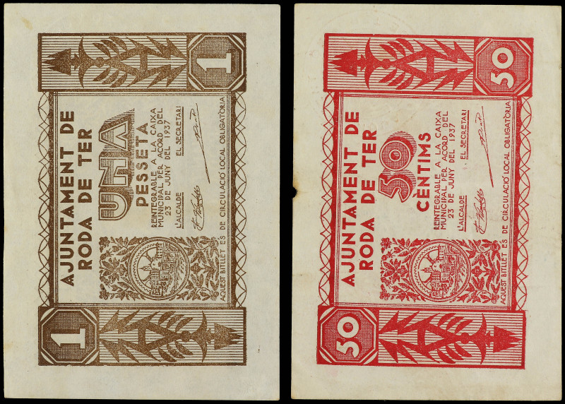 Lote 2 billetes 50 Cèntims y 1 Pesseta. 23 Juny 1937. Aj. de RODA DE TER. AT-219...