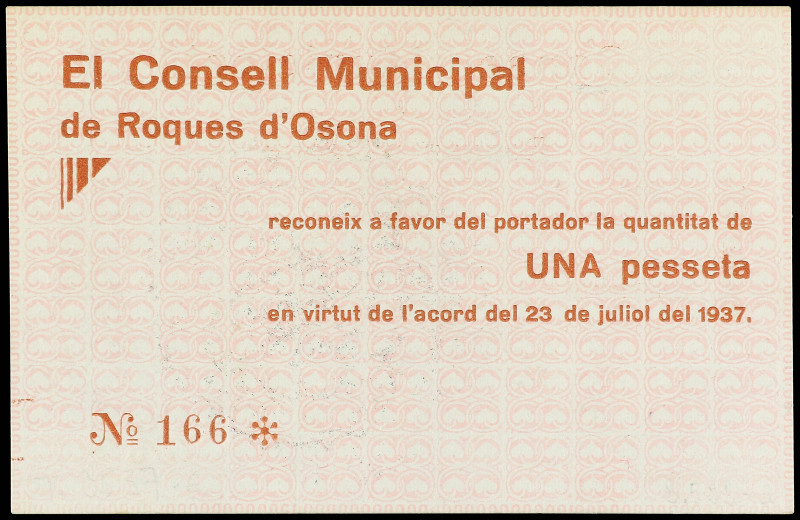 1 Pesseta. 23 Julio 1937. C.M. de ROQUES D´ OSONA. MUY RARO. AT-2196. EBC.