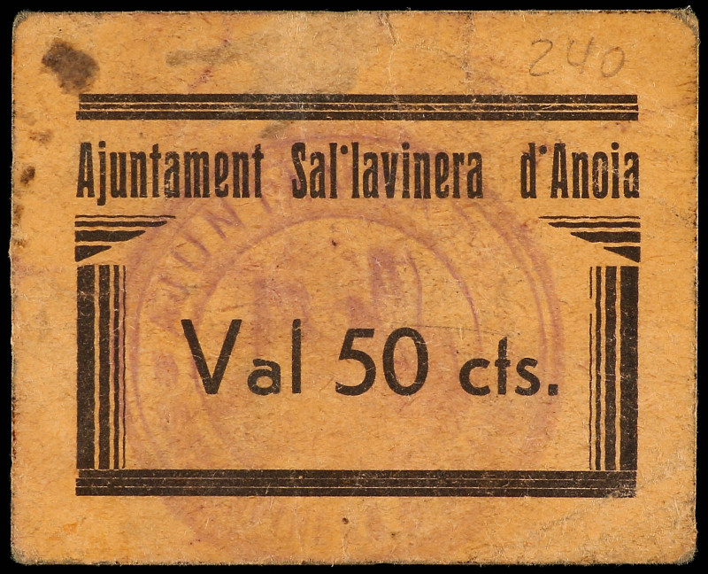 50 Cèntims. Aj. de SAL·LAVINERA D´ANOIA. Cartulina. Apóstrofe en forma de punto ...