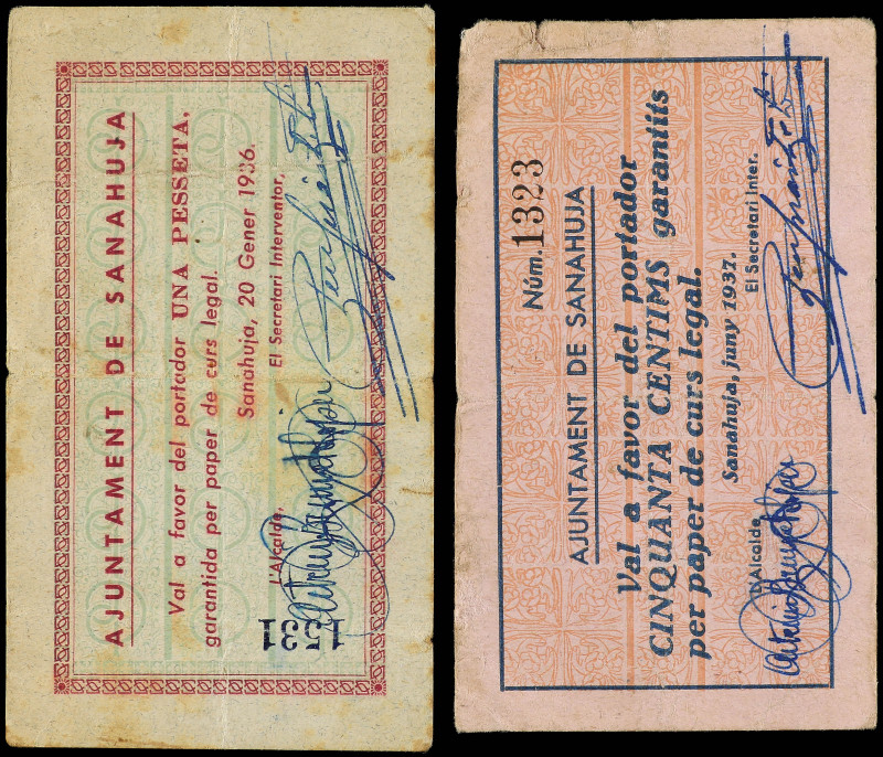 Lote 2 billetes 50 Cèntims y 1 Pesseta. Juny 1937 y 20 Gener 1937. Aj. de SANAHU...