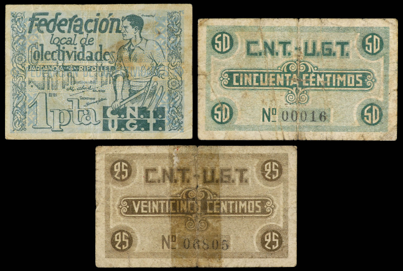 Lote 3 billetes 25, 50 Céntimos y 1 Peseta. Junio 1937. Federación de Colectivid...