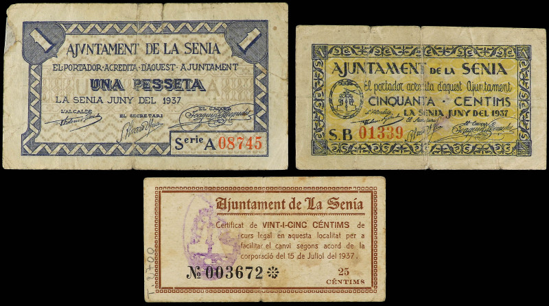 Lote 3 billetes 25, 50 Cèntims y 1 Pesseta. Juny y Juliol 1937. Aj. de LA SÉNIA....