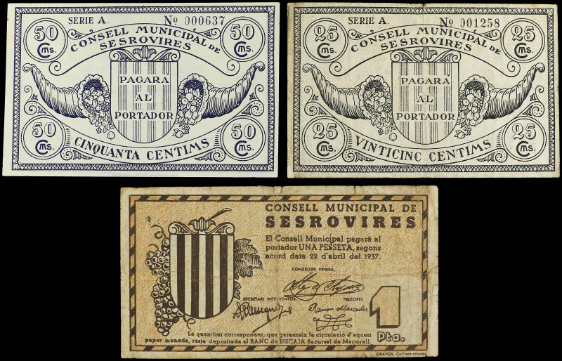 Lote 3 billetes 25, 50 Cèntims y 1 Pesseta. 22 Abril 1937. C.M de SESROVIRES. A ...