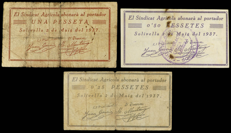 Lote 3 billetes 0, 25, 0, 50 y 1 Pesseta. 2 Maig 1937. EL SINDICAT AGRÍCOLA DE S...