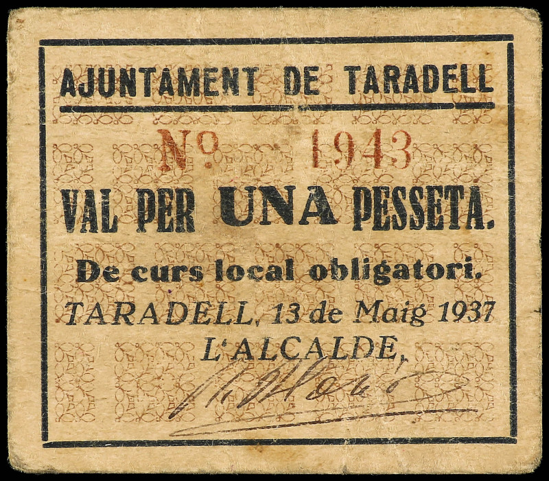 1 Pesseta. 13 Maig 1937. Aj. de TARADELL. MUY ESCASO. AT-2430. MBC+.