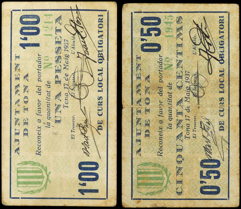 Lote 2 billetes 50 Cèntims y 1 Pesseta. 17 Maig 1937. Aj. de TONA. (Pequeñas rot...