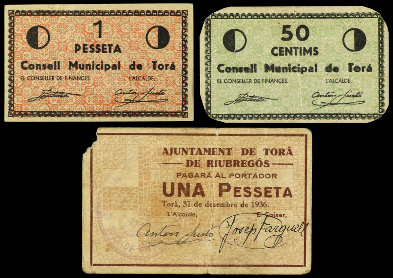 Lote 3 billetes 50 Cèntims y 1 Pesseta (2). 31 Desembre 1937 y Sin fecha. Aj. de...