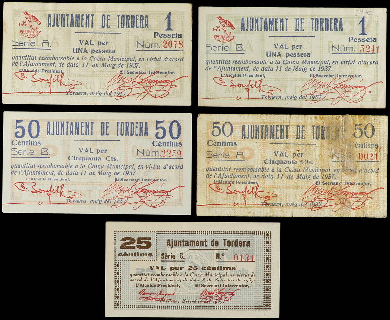 Lote 5 billetes 25, 50 Cèntims (2) y 1 Pesseta (2). Maig y Setembre 1937. Aj. de...