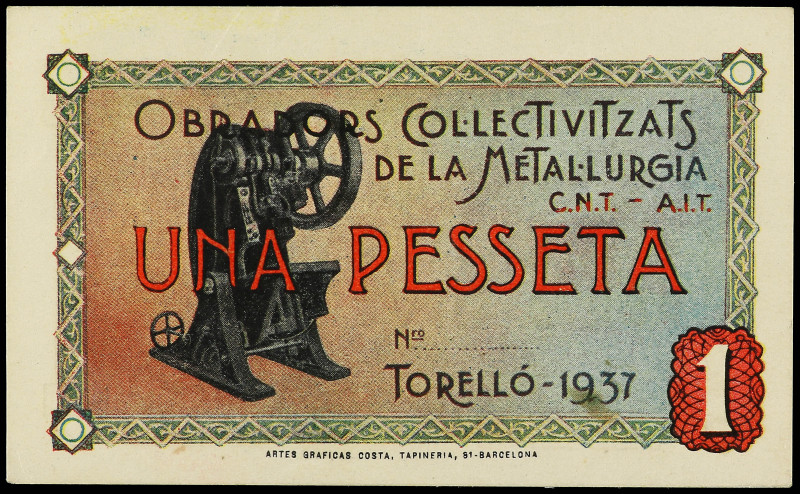 1 Pesseta. 1937. OBRADORS COL·LECTIVITZATS DE LA METAL·LURGIA. C.N.T.-A.I.T. TOR...