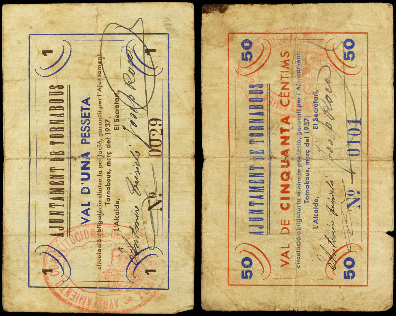 Lote 2 billetes 50 Cèntims y 1 Pesseta. 1 Març 1937. Aj. de TORNABOUS. (Algo suc...