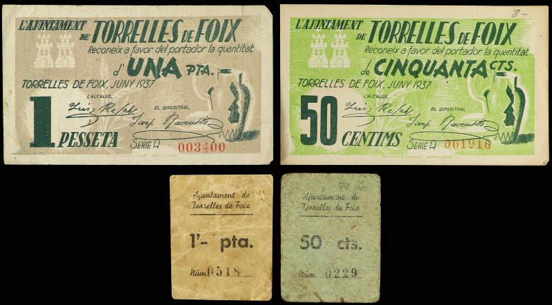 Lote 4 billetes 50 Cèntims (2) y 1 Pesseta (2). Juny 1937 y Sin fecha. Aj.de TOR...