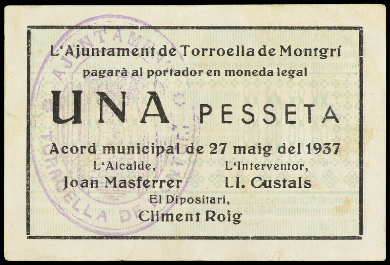 1 Pesseta. 27 Maig 1937. Aj. de TORROELLA DE MONTGRÍ. AT-2563. MBC+.