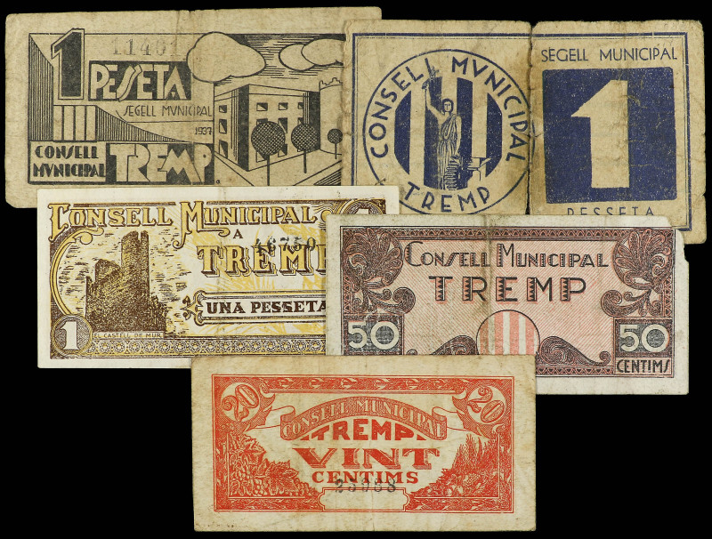 Lote 5 billetes 20, 50 Cèntims y 1 Pesseta (3). 1937 y Sin fecha. C.M. de TREMP....