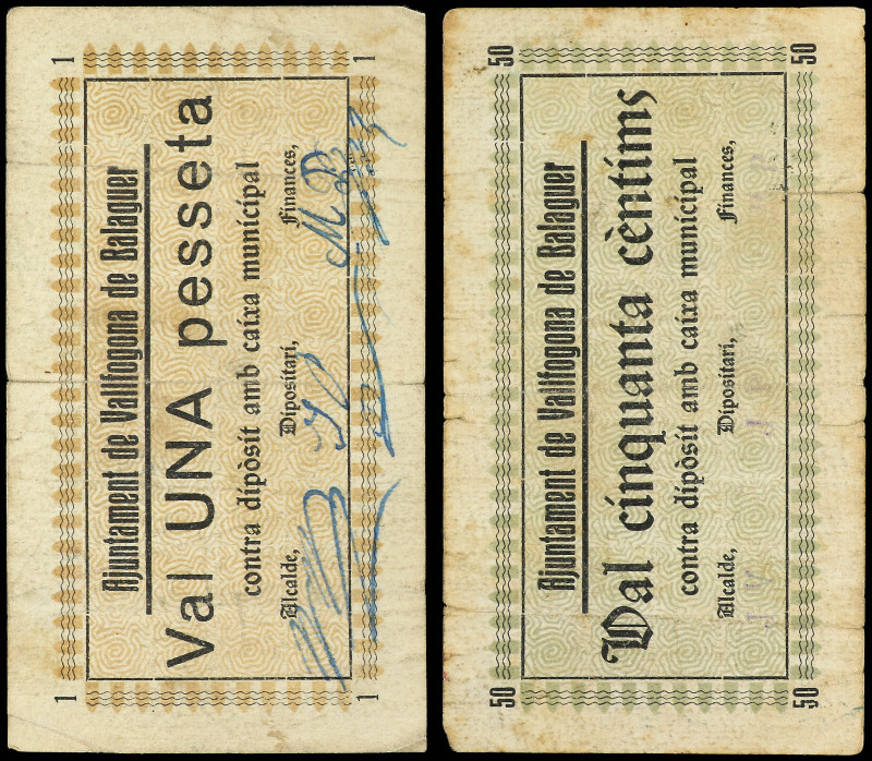 Lote 2 billetes 50 Cèntims y 1 Pesseta. 1937. Aj. de VALLFOGONA DE BALAGUER. 50 ...