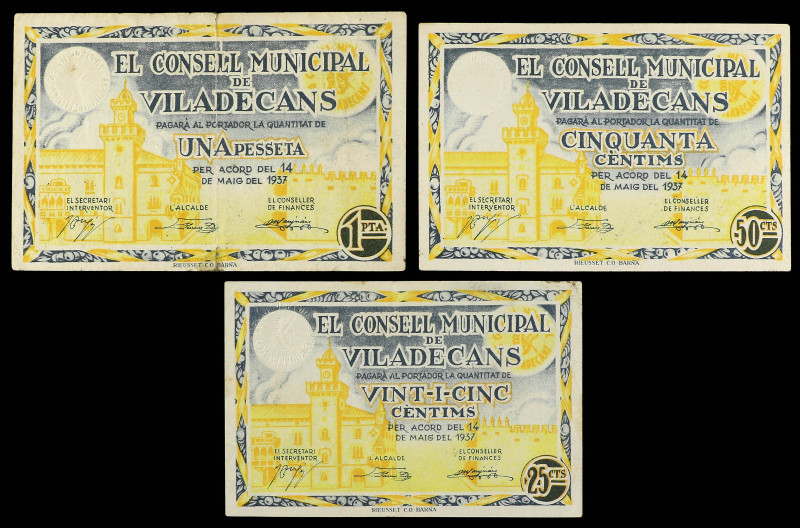 Lote 3 billetes 25, 50 Cèntims y 1 Pesseta. 14 Maig 1937. C.M. de VILADECANS. AT...