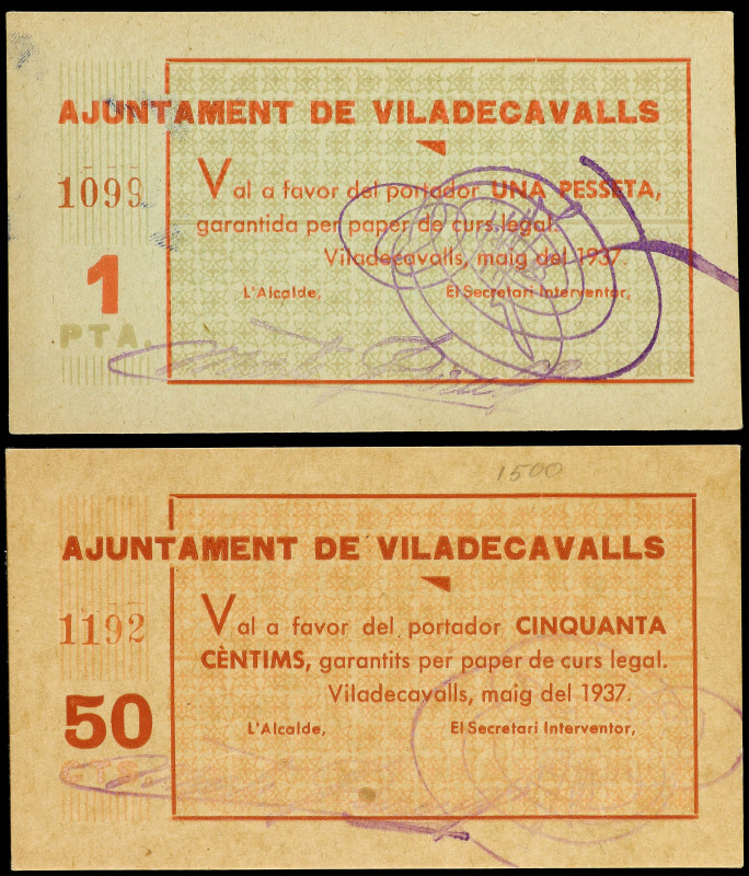 Lote 2 billetes 50 Cèntims y 1 Pesseta. Maig 1937. Aj. de VILADECAVALLS. Cartuli...